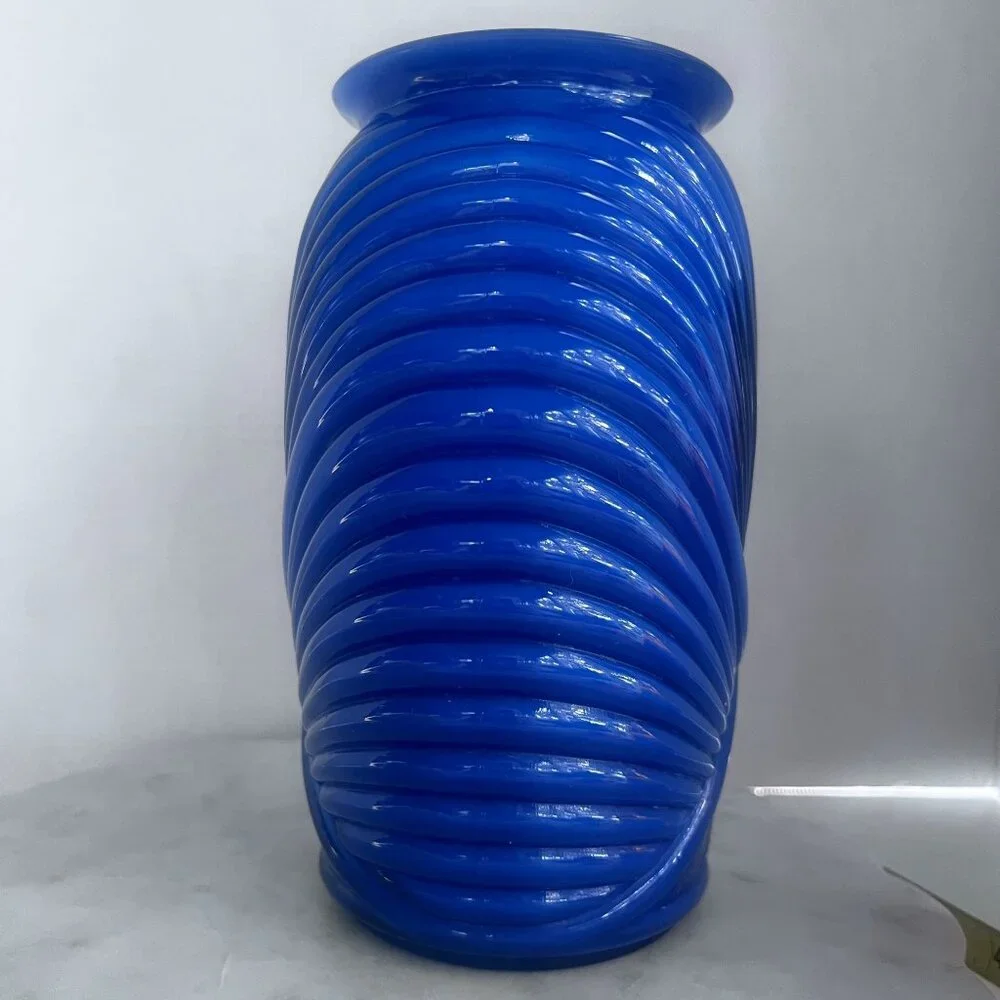 Vintage Glass Vase Blue Swirl Ribbed Decorative Art Deco Boho Contemporary‎ 10